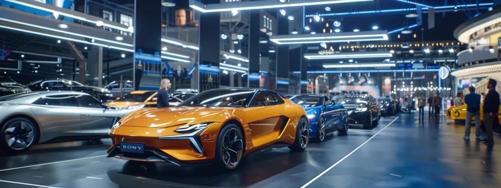 a modern urban automotive showroom showcases a lineup of eco-friendly used vehicles, illuminated by bright overhead lights, while a diverse group of shoppers enthusiastically discusses sustainable buying options, embodying the growing trend of eco-conscious consumerism in the automotive market.
