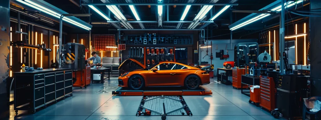 a sleek, modern automotive workshop is illuminated by bright overhead lights, showcasing an array of high-tech diagnostic tools and equipment, with a vehicle positioned on a lift for a thorough routine check, emphasizing the importance of maintenance technologies for used vehicles.