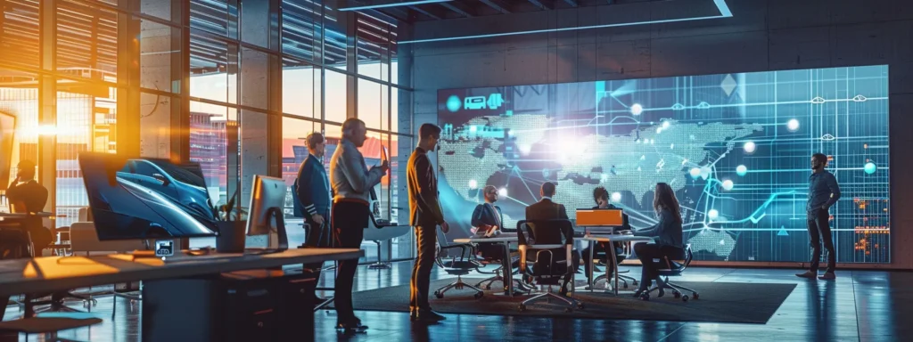 a sleek, modern office environment showcases a diverse group of automotive experts engaged in an animated discussion around a large digital screen displaying analytics on vehicle technology's impact on used car valuations.