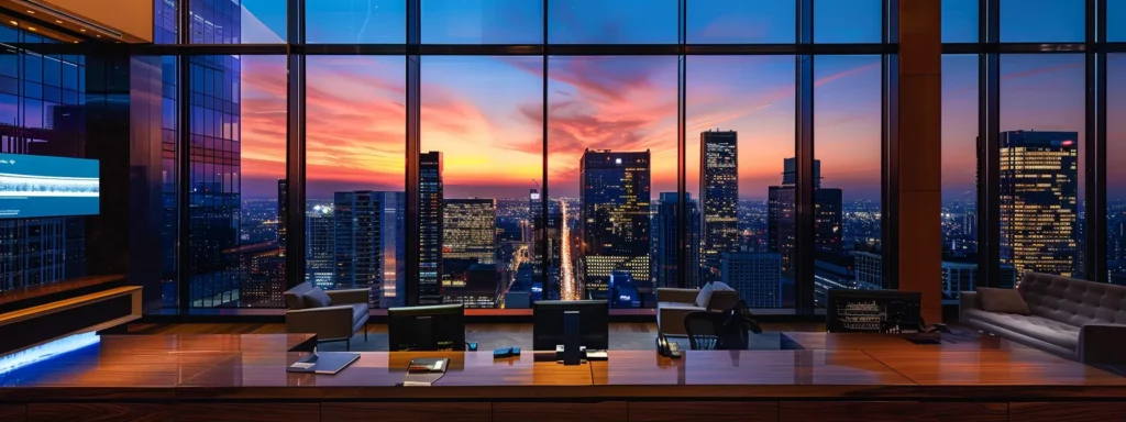 a sleek, modern office space with expansive glass windows reflecting the vibrant energy of the city skyline, illuminated by warm interior lighting, showcases a minimalist desk adorned with cutting-edge technology, emphasizing a professional yet dynamic atmosphere.