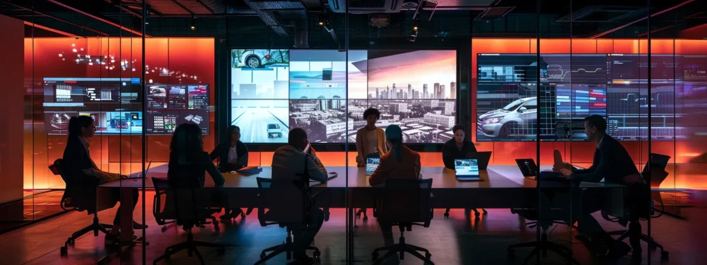an inviting urban office space features a diverse group of professionals engaged in a dynamic discussion at a sleek conference table, analyzing used vehicle financing options on modern laptops and digital displays, illuminated by ambient lighting that highlights their focused expressions.