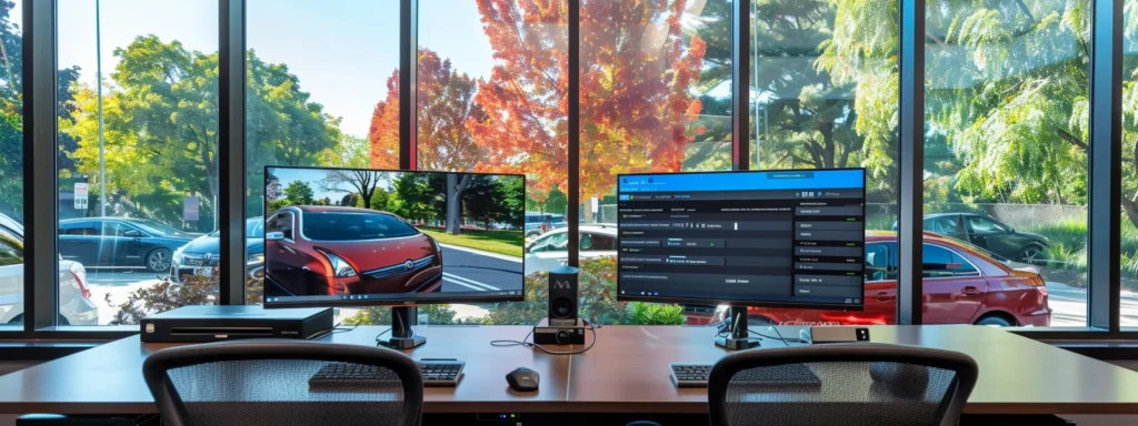 a sleek, modern office environment showcases two side-by-side computer screens displaying detailed warranty comparisons for online car sellers and traditional dealerships, highlighting the key differences with vibrant clarity.