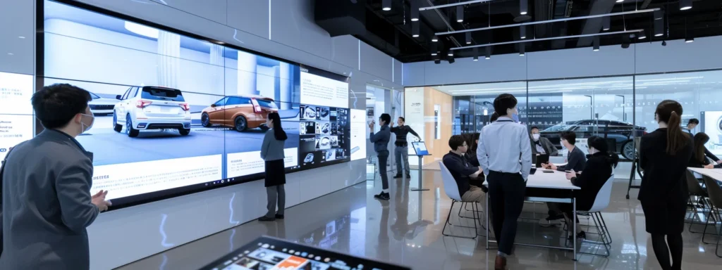 a sleek, modern office space features a large digital screen displaying unbiased vehicle reviews, while focused shoppers engage in thoughtful discussions around a central table, highlighting the theme of informed decision-making in online vehicle purchases.